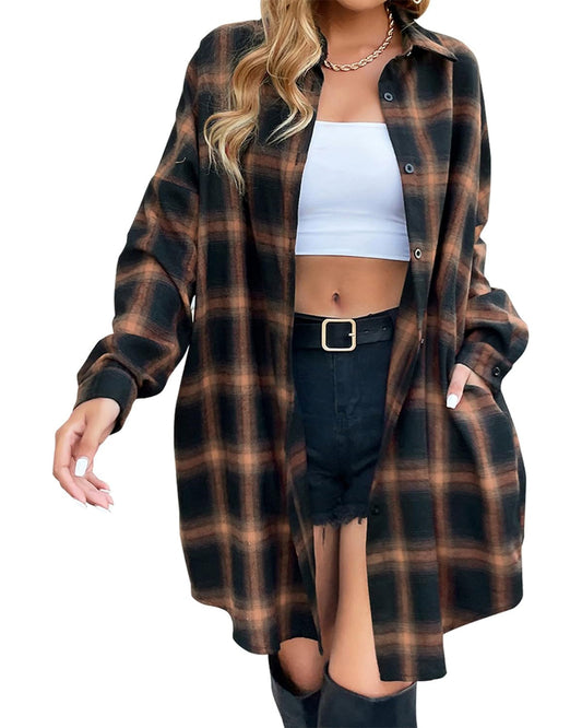 🔥2026 NEW SALES - 50% OFF🔥Women's Button Down Flannel Shirts Plaid Shacket Collared Long Jacket Coats