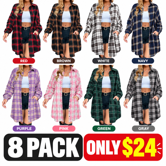 🔥2026 NEW SALES - 50% OFF🔥Women's Button Down Flannel Shirts Plaid Shacket Collared Long Jacket Coats